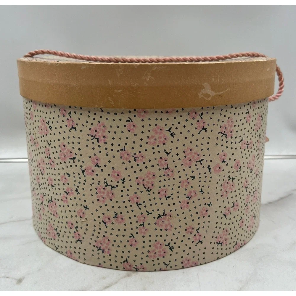 Vintage Round Hat Box Pink Floral Polka Dot Decorative Storage with Handle